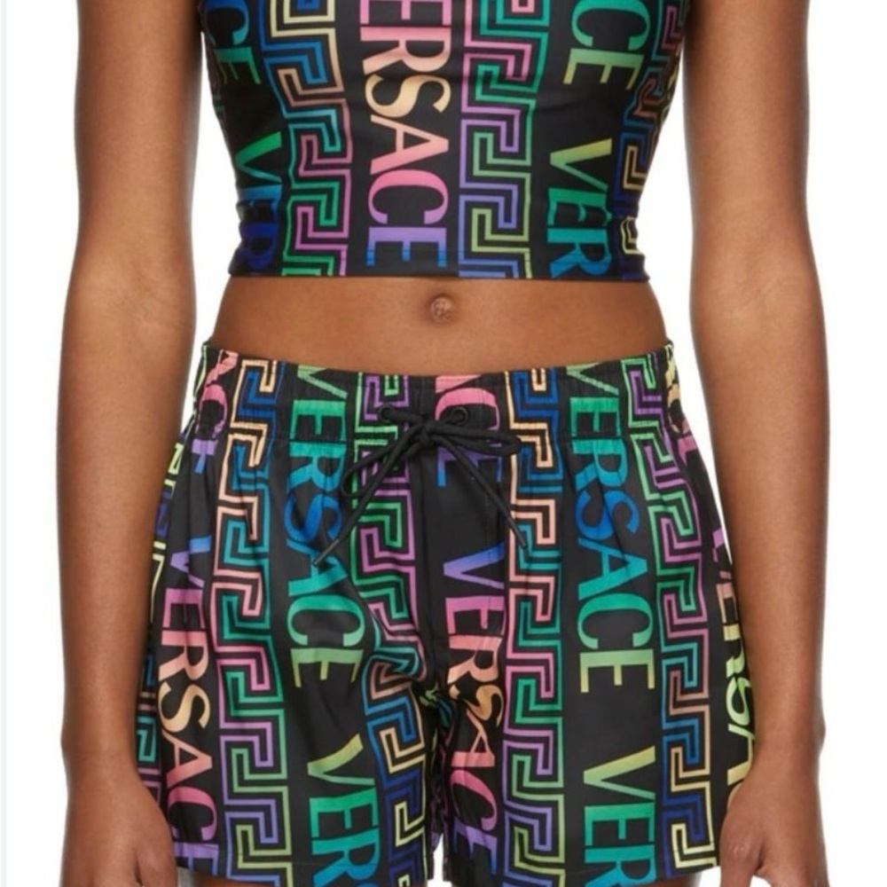 Versace Black Multicolor Logo Print Bermuda Shorts
